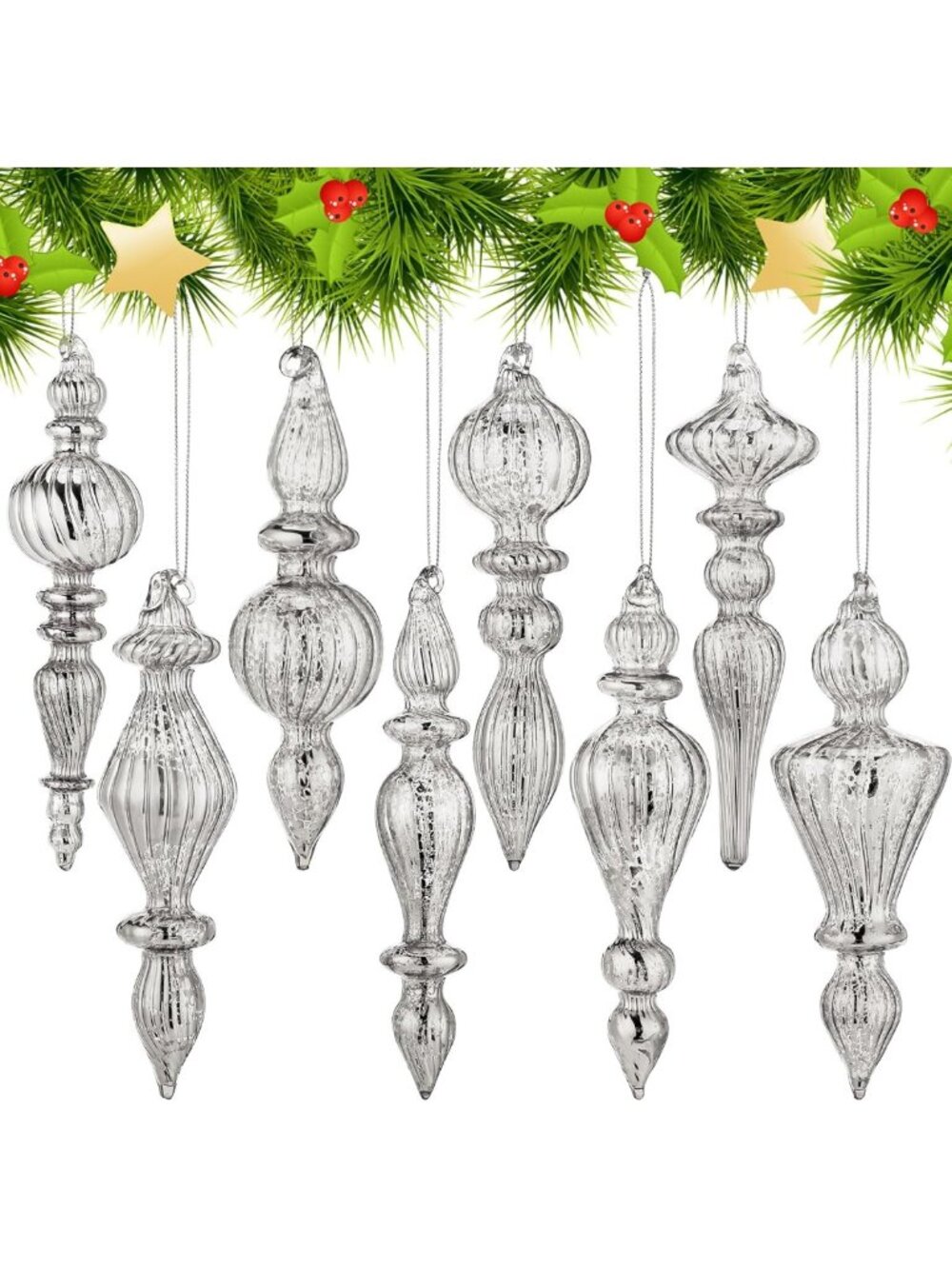 8 Pcs 6" Silver Mercury Glass Finial Christmas Ornaments - Holiday Decor